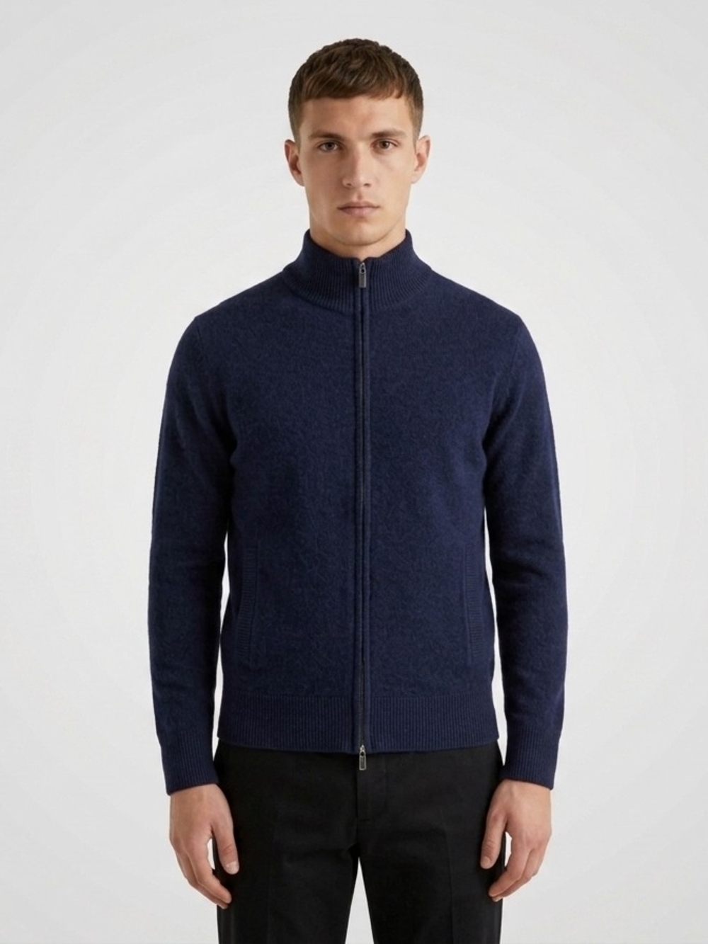 Navy Cashmere Stand Collar Zip Up Sweater